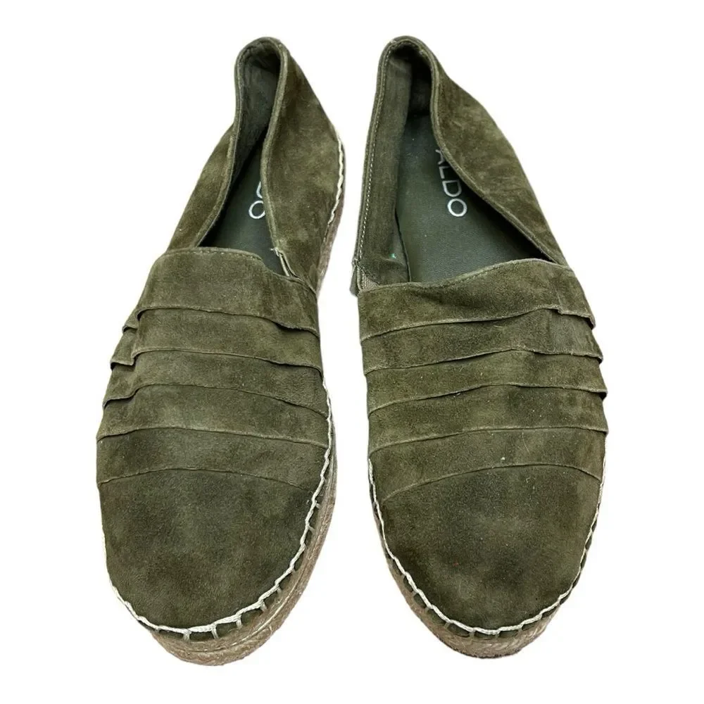 Aldo Espadrilles Flats Green Suede Leather Round Toe Slip On Size 8 EUC Coastal